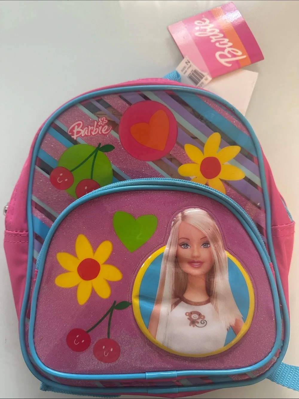 Barbie Kids Pink & Blue Mini Backpack with Floral and Heart Design